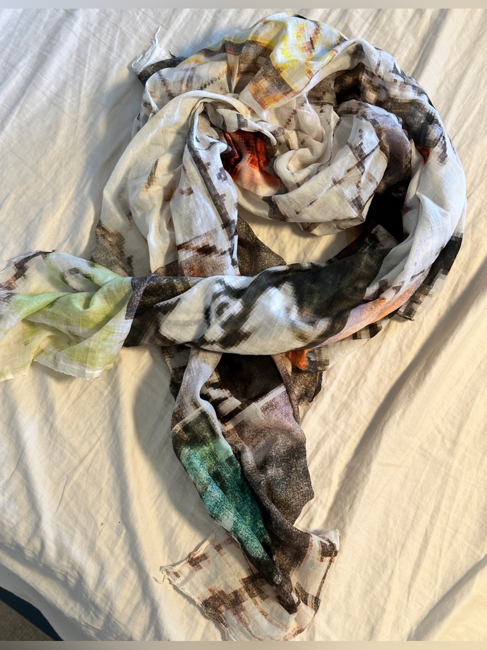 Siviglia White Scarf with Multicolor Newspaper Abstract Print